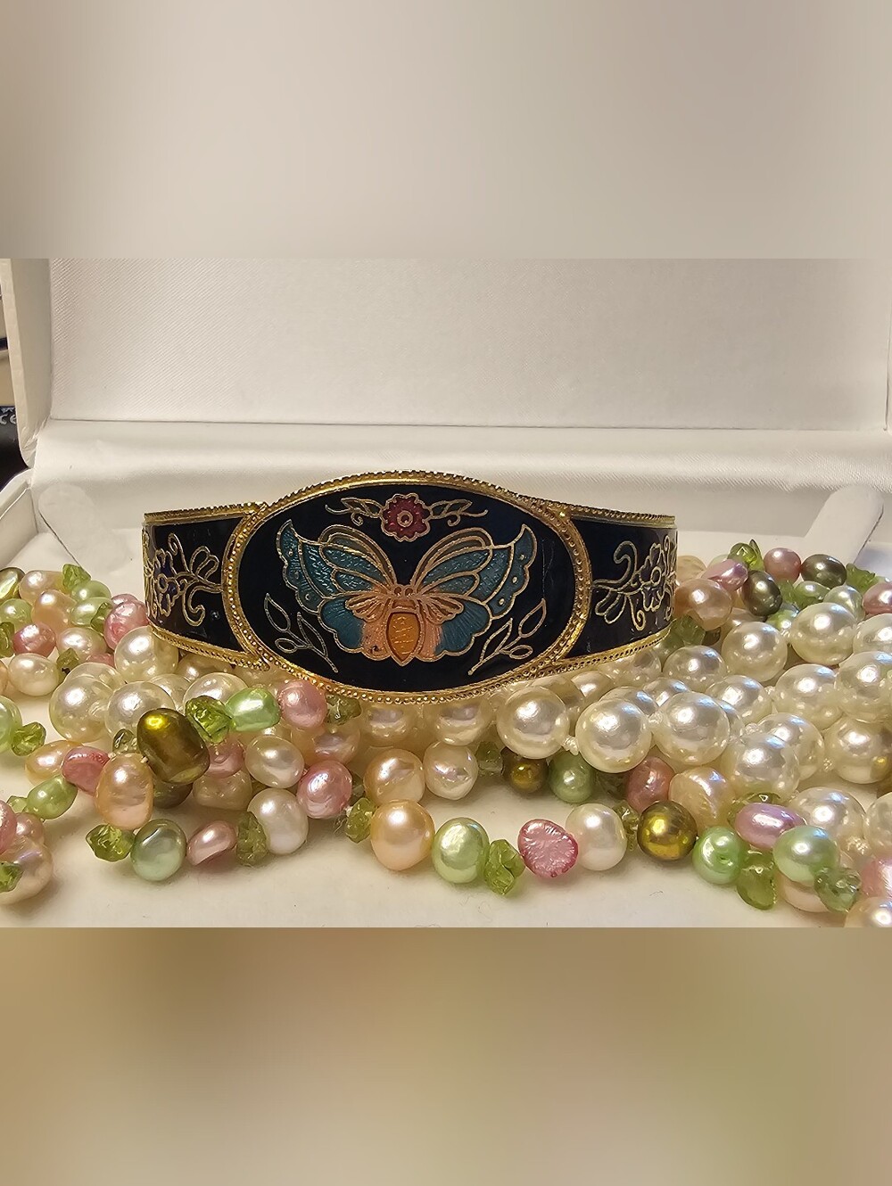 Gold-Trimmed Navy Butterfly Cloisonne Women’s Bracelet